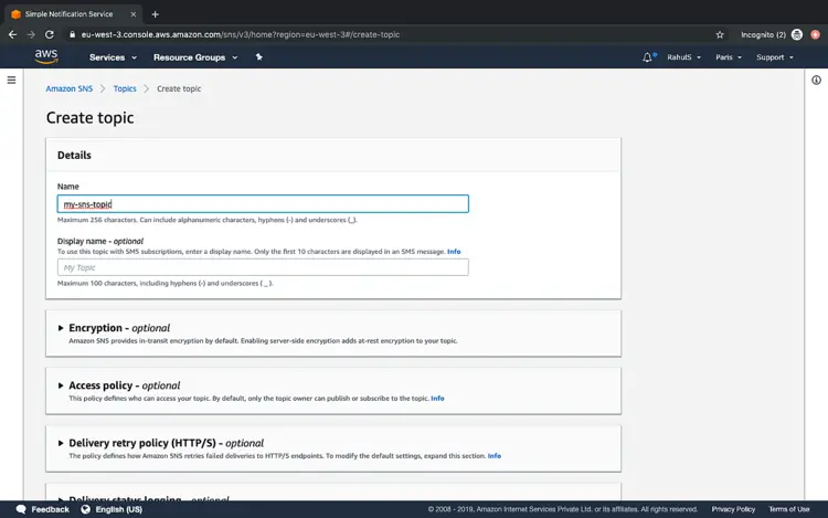 Форма создания SNS-топика с именем my-sns-topic