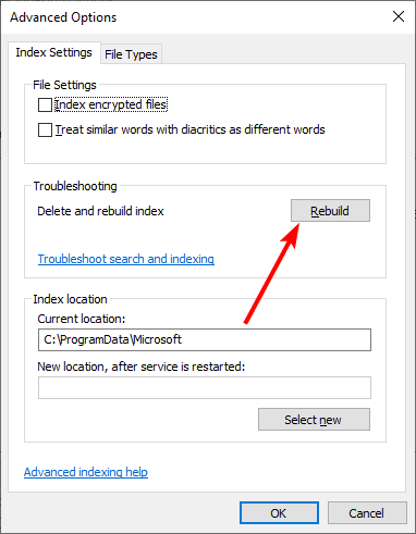 Кнопка Перестроить индекс поиска