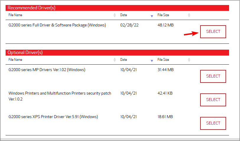 Скриншот: выбор модели и кнопки «Select» для загрузки драйвера