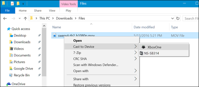 Контекстное меню Windows: Cast to Device / Play To