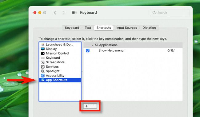Выберите App Shortcuts в боковой панели и нажмите кнопку плюс