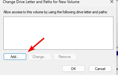 Окно добавления буквы диска для подключенного VHD