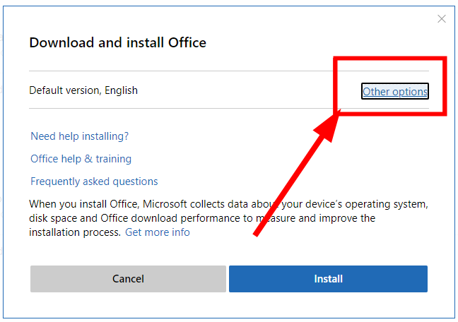 Опции загрузки и установки Office