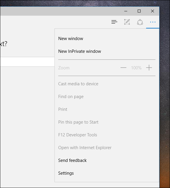 Меню настроек Edge с тремя точками