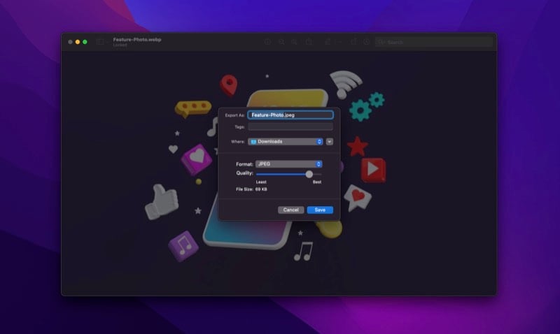 Экспорт изображения в Preview с выбором JPEG