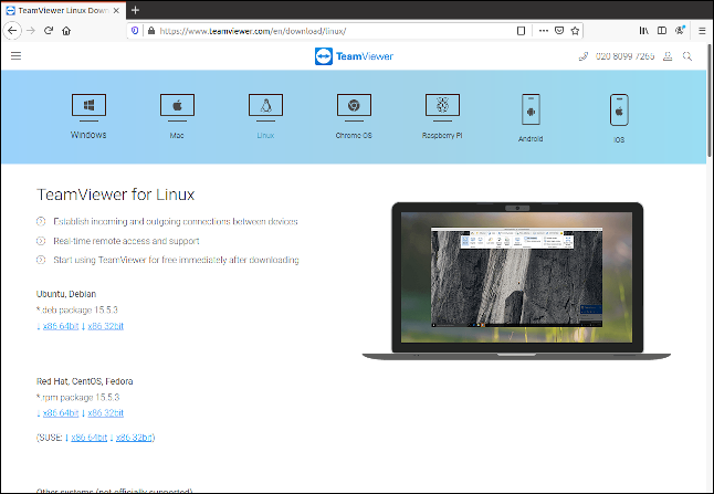 Страница загрузки TeamViewer для Linux в окне браузера