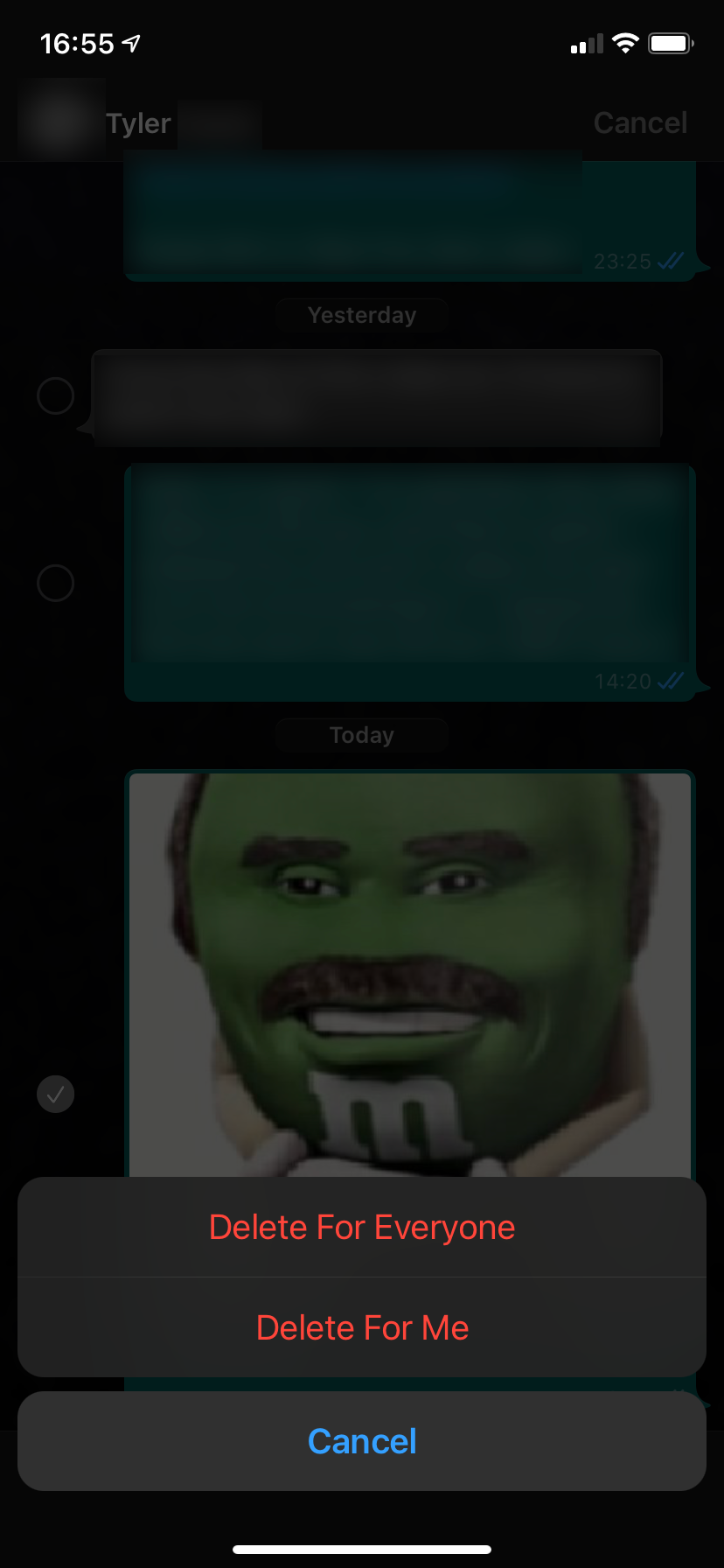 Опция удаления сообщения в WhatsApp