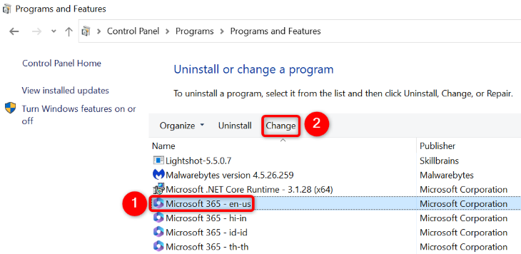 Восстановление Microsoft Office через Панель управления.