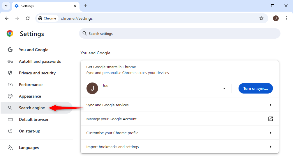 Страница настроек Chrome: раздел «Поисковая система» в боковой панели