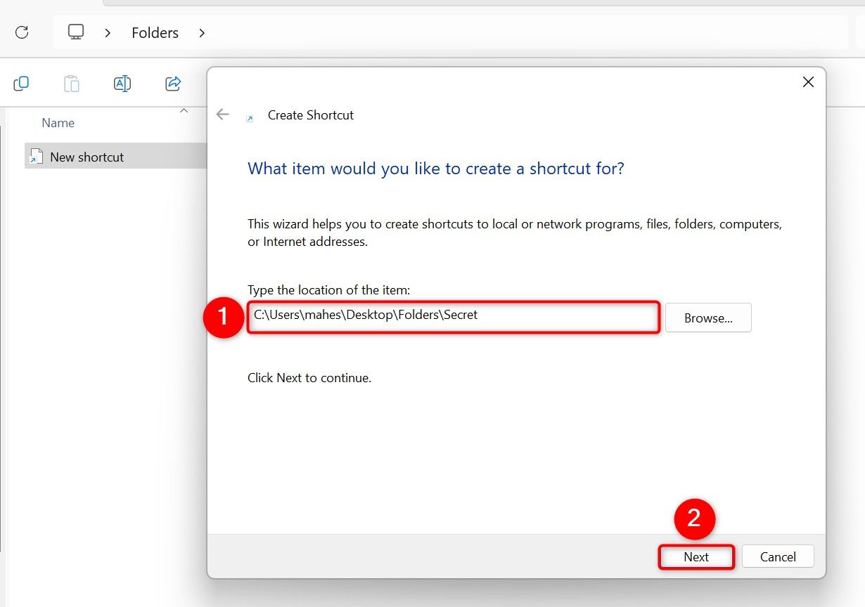 Окно создания ярлыка с полем для указания расположения объекта и кнопкой Далее.