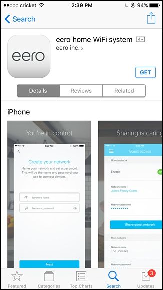 Скриншот иконок приложения Eero в магазине iOS и Android