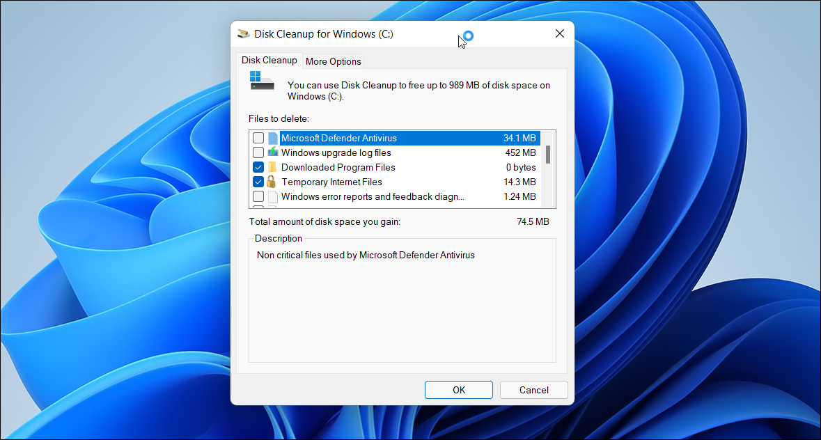 Удаление старых файлов резервной копии Windows в Disk Cleanup