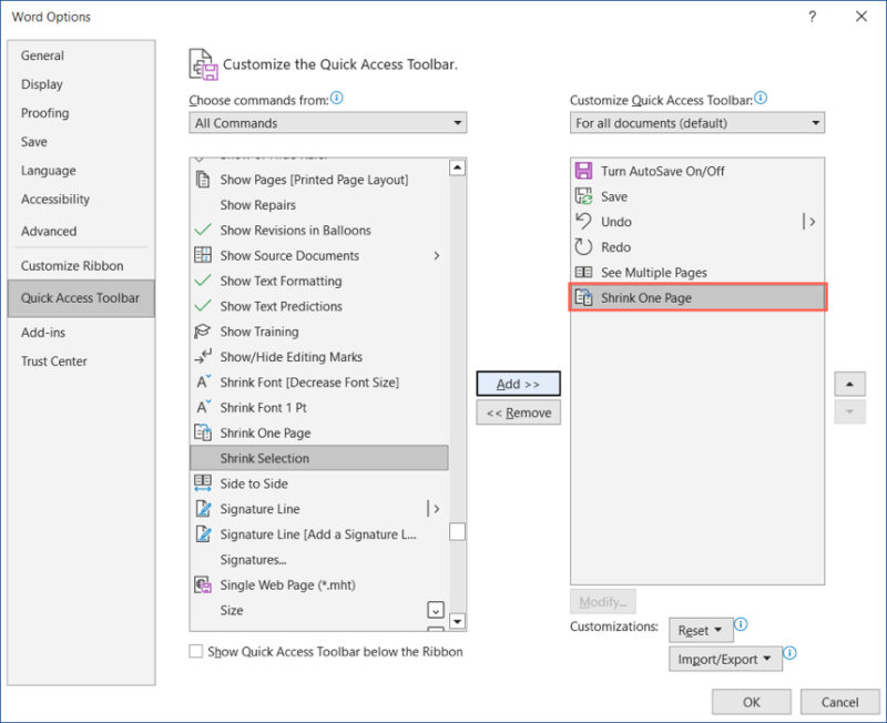 Кнопка Shrink One Page в панели инструментов Word на Windows