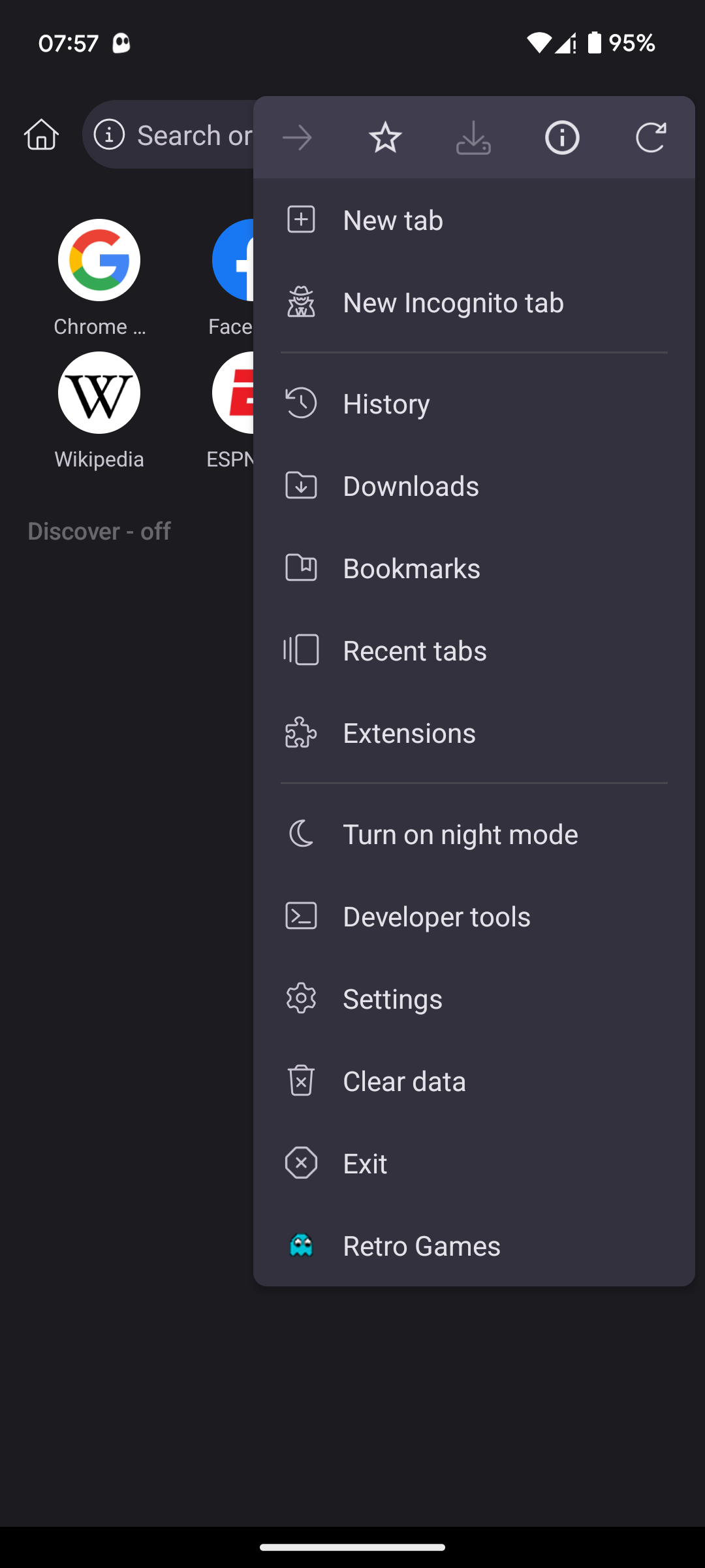 Главное меню Kiwi Browser на Android