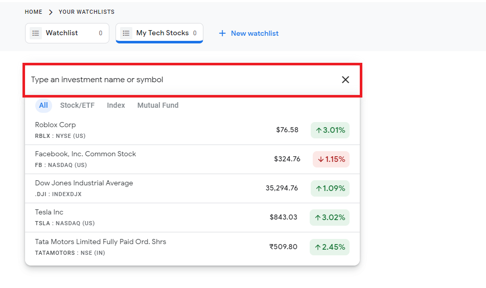 Экран Google Finance: поиск акций для добавления