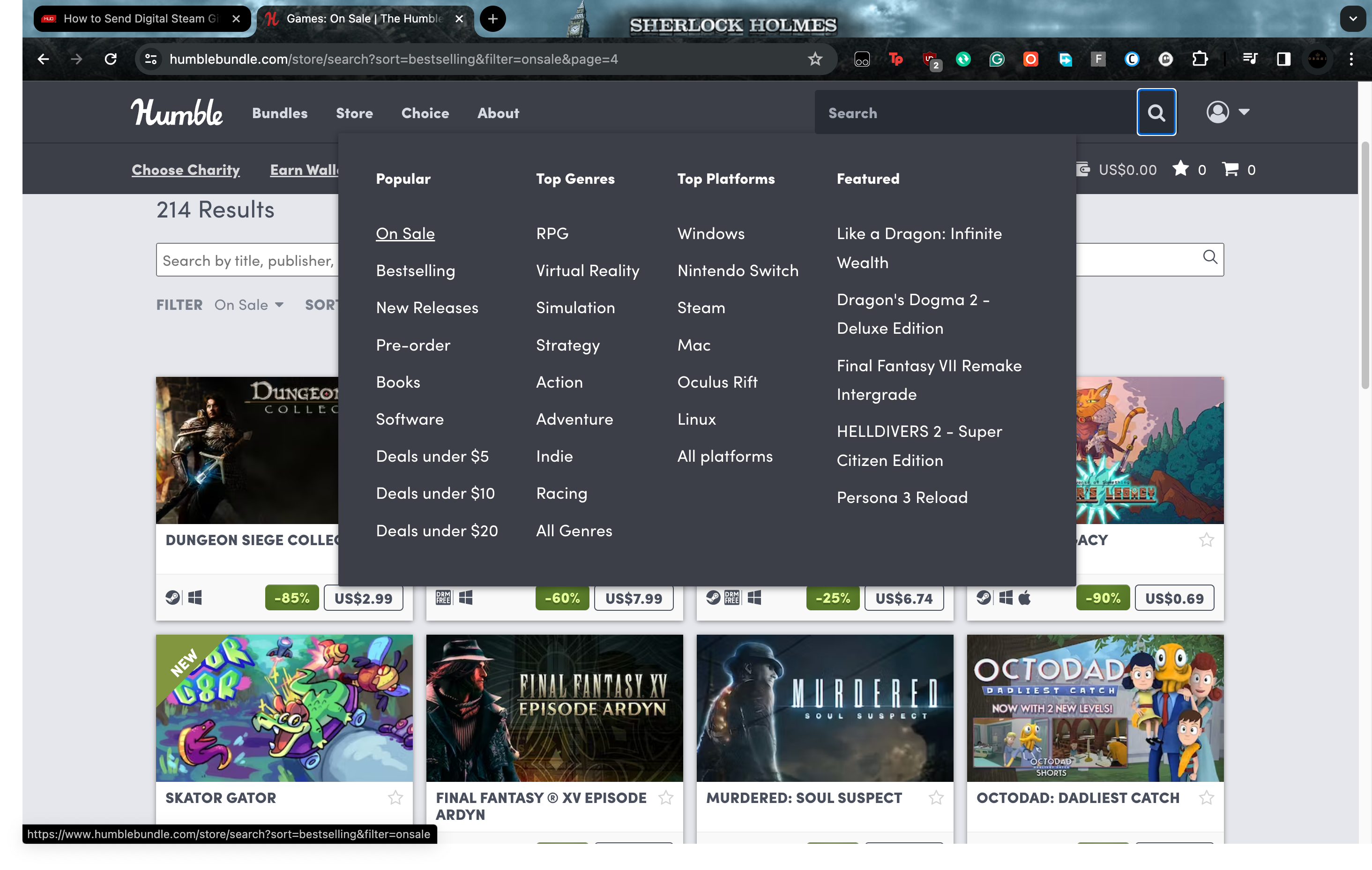 Humble Bundle displaying games on sale
