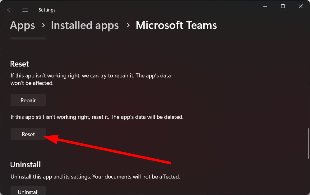 Кнопка «Сбросить» для приложения Microsoft Teams
