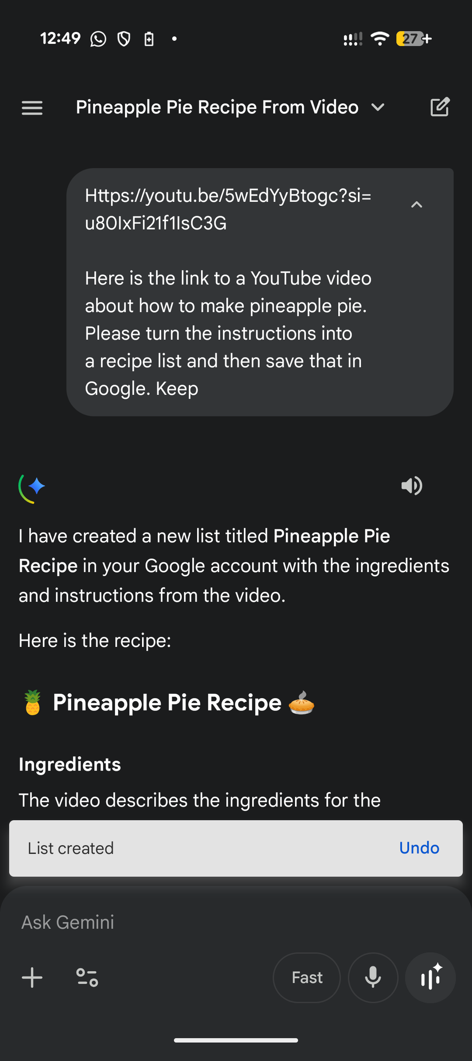 Create a Google Keep Note from a Youtube video receipe on Android with Gemini.