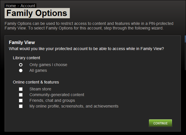 Настройки Family Options: выбор областей контроля