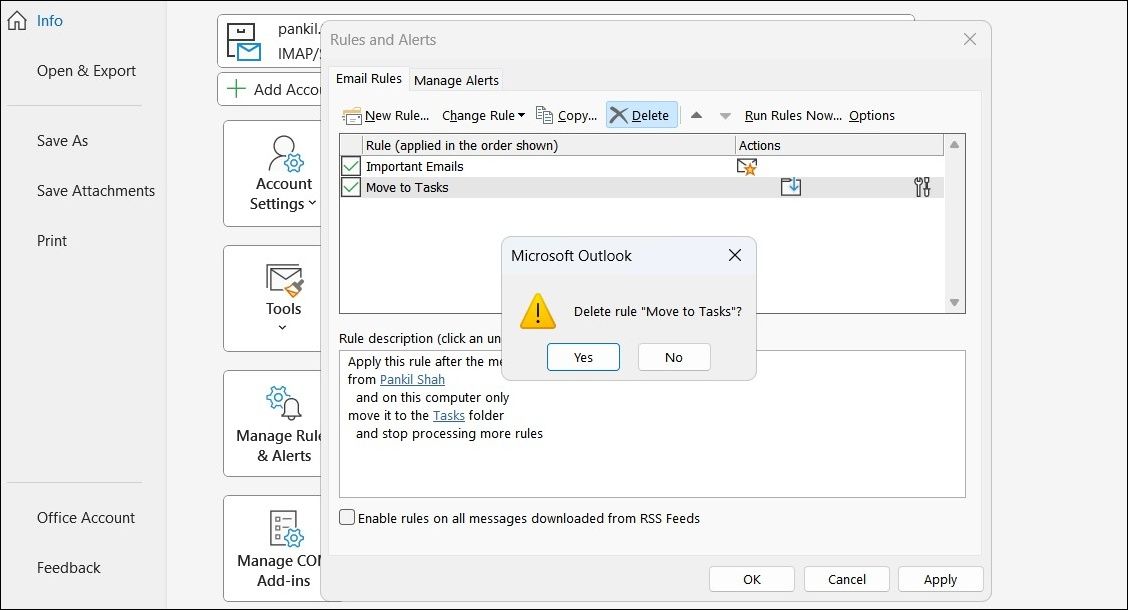 Удаление правила Outlook