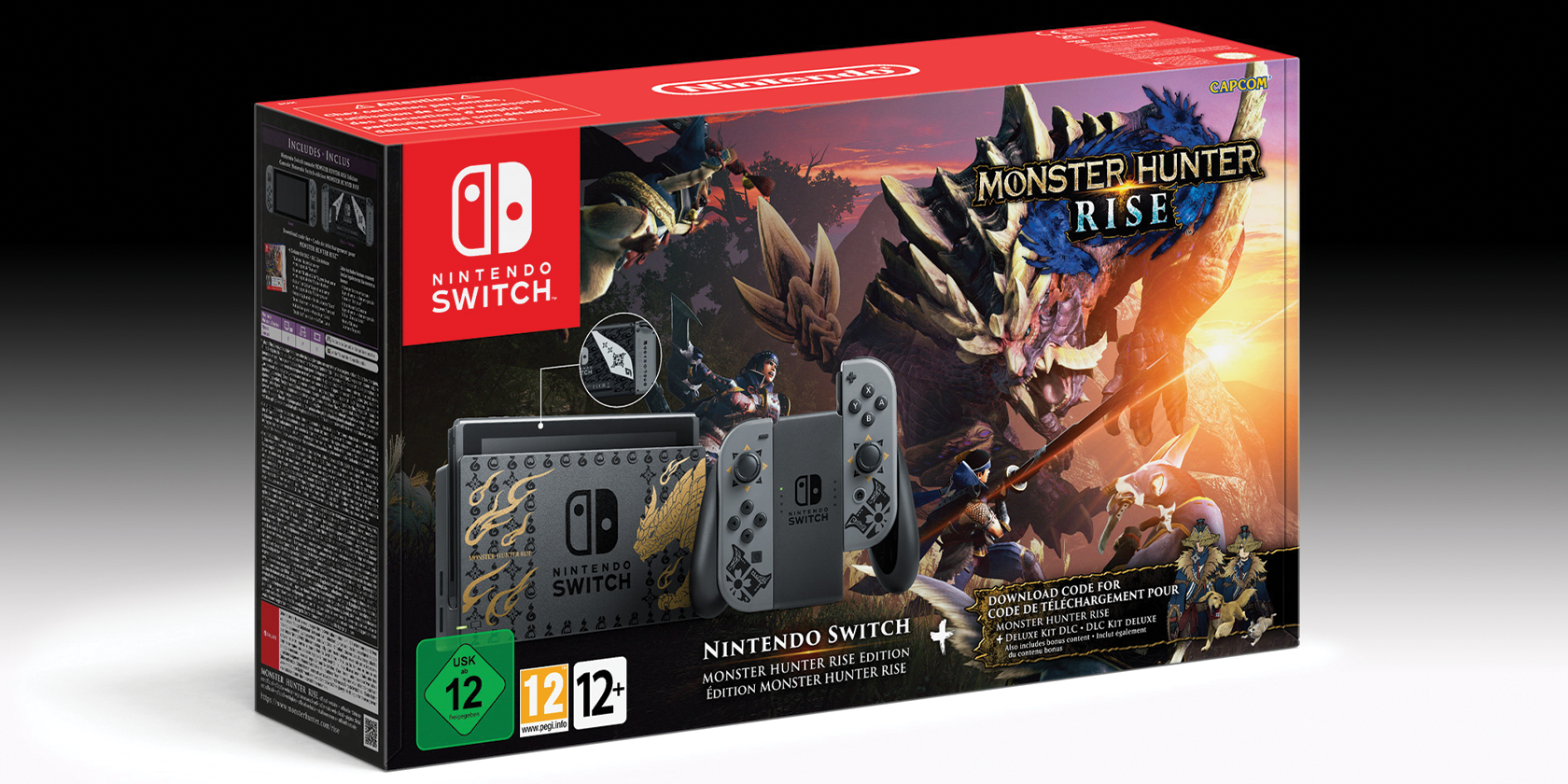 Консоль Nintendo Switch: вид спереди и спинка с символикой Monster Hunter Rise