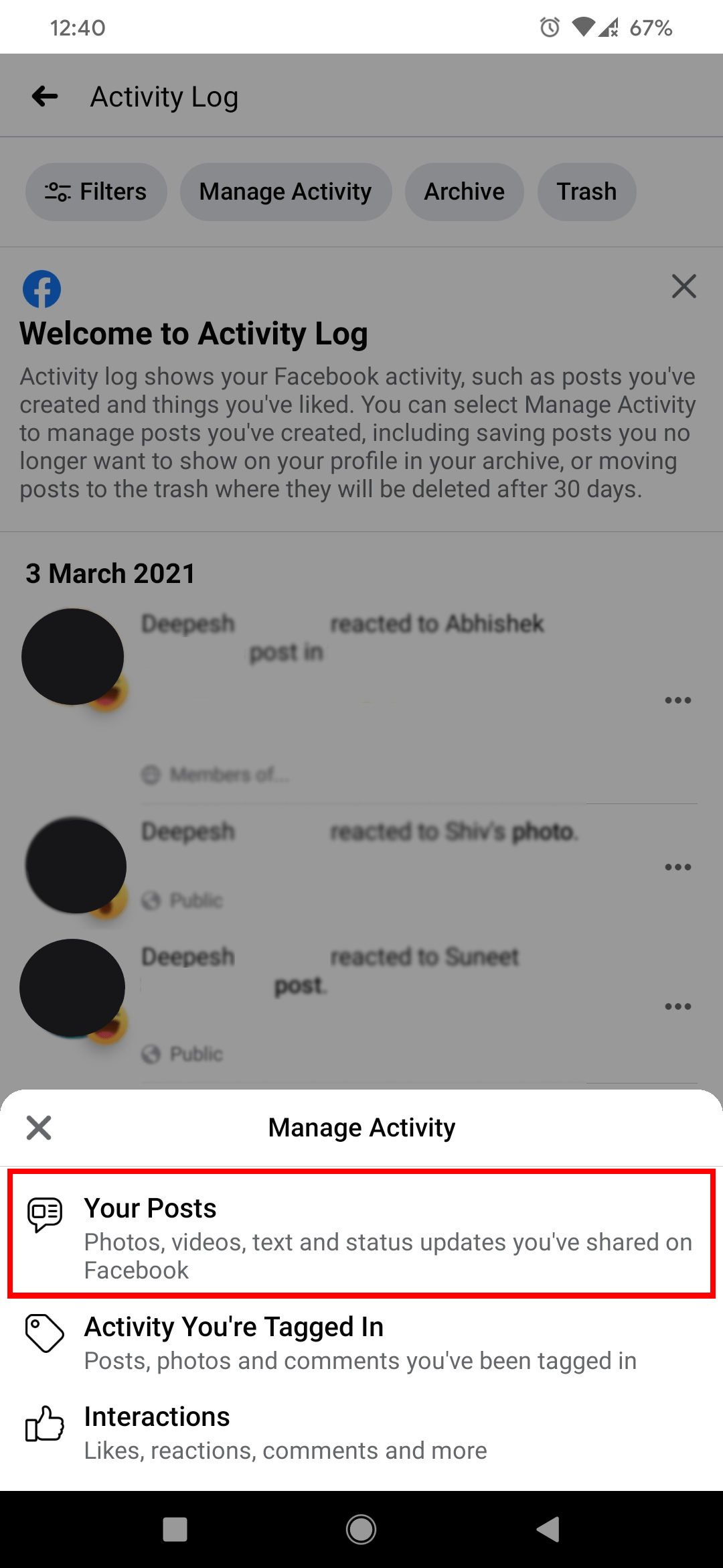 Список ваших публикаций в приложении Facebook