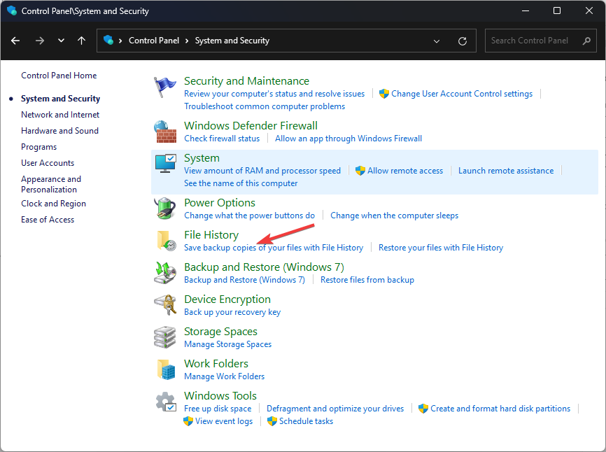Снимок экрана: Включение Файловой истории