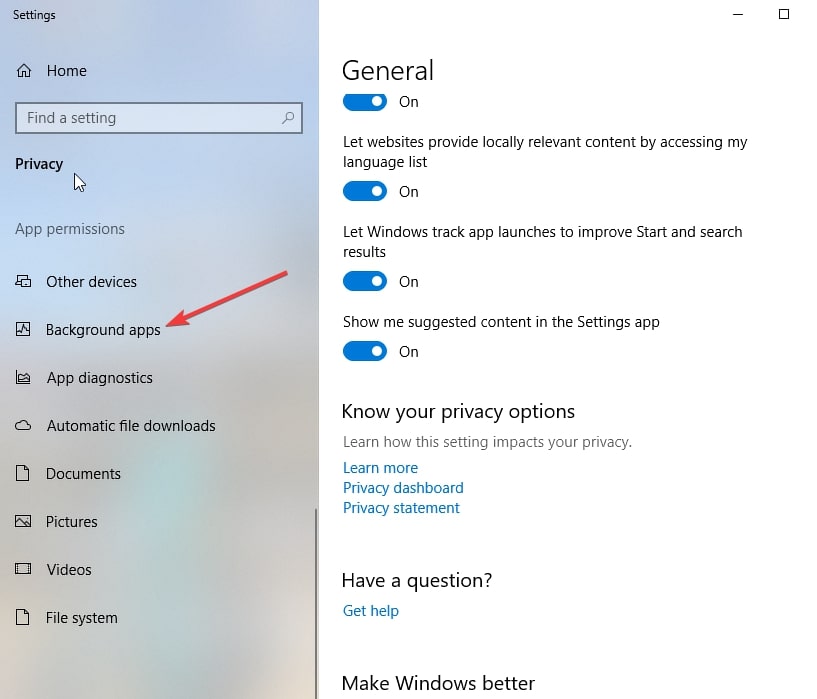 Список фоновых приложений в Windows 10