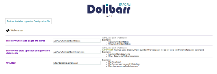 Начало установки Dolibarr — стартовая страница