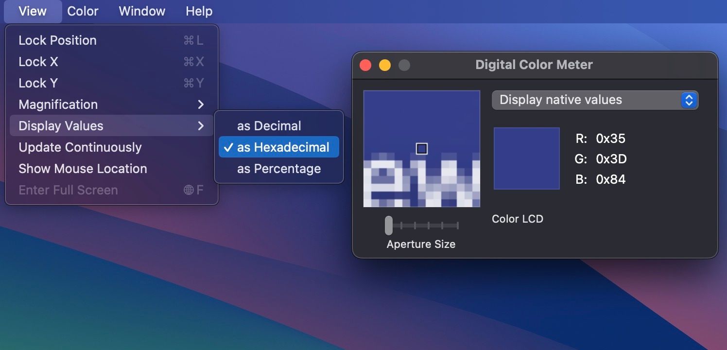 Окно Digital Color Meter в macOS с показанными RGB/HEX значениями