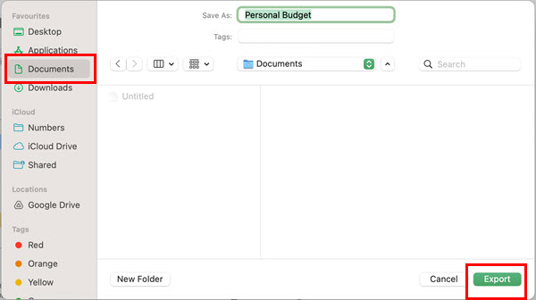 Выбор папки в Finder для сохранения файла Excel