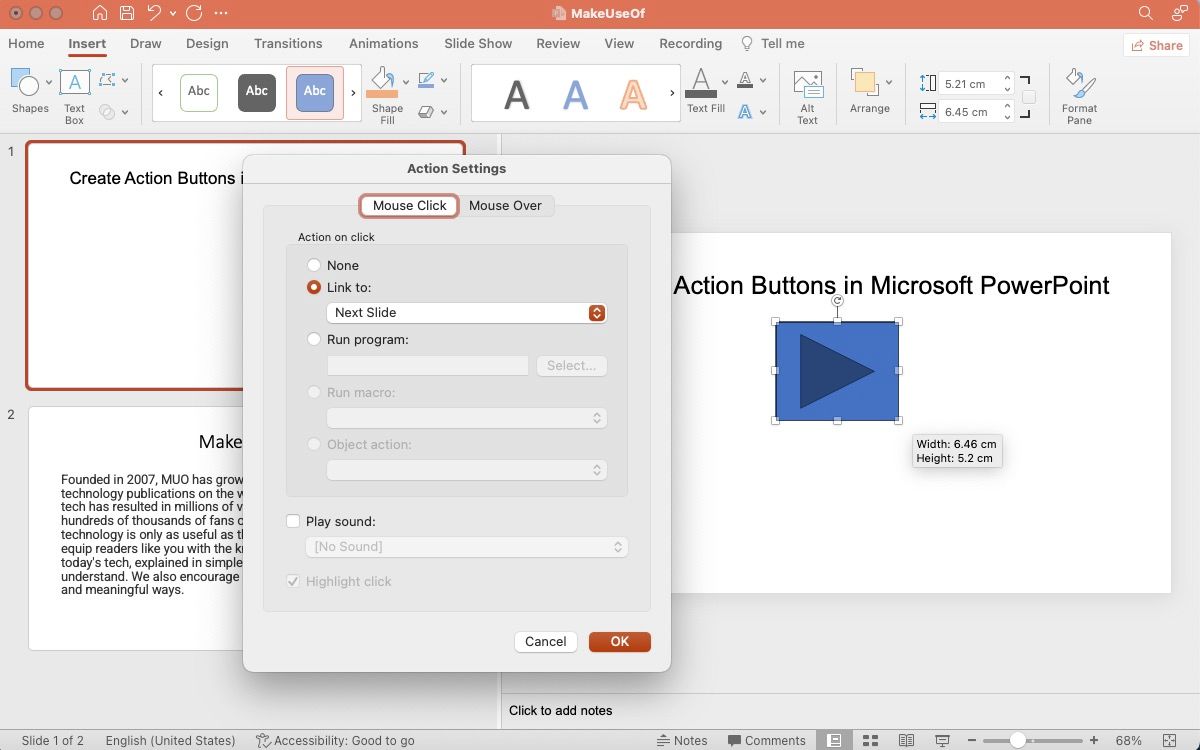 Всплывающее окно Параметры действия сразу после добавления кнопки