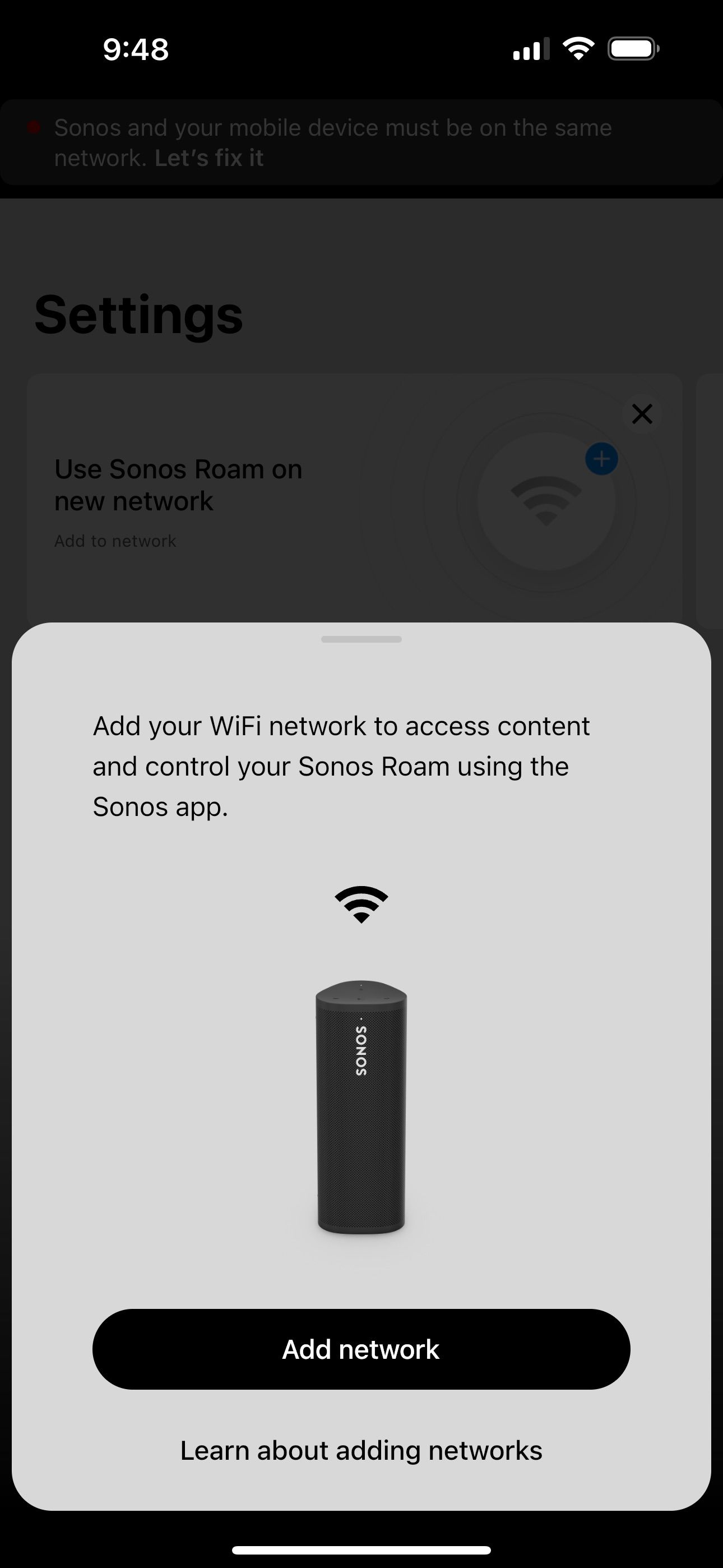 предупреждение добавить сеть Wi‑Fi в приложении Sonos