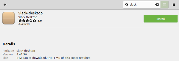 Процесс установки Slack через менеджер приложений Linux Mint.