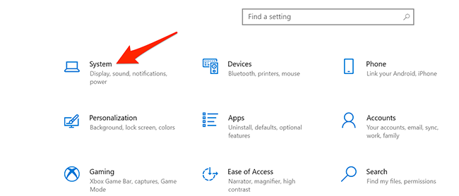 Выберите «Система» в приложении Параметры