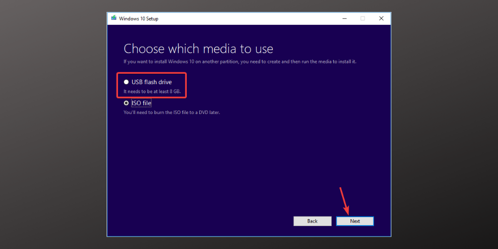 Выбор USB-накопителя для записи образа