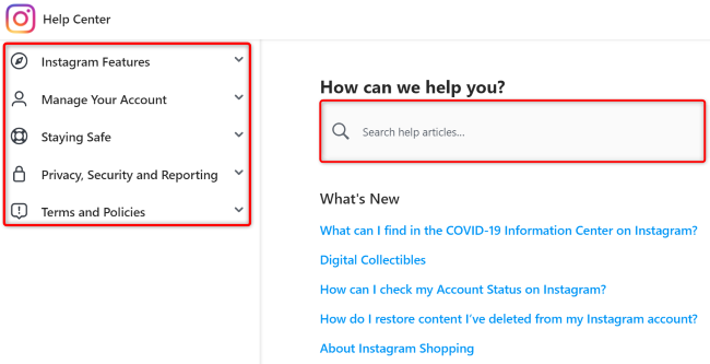 Справочный центр Instagram в браузере на компьютере.