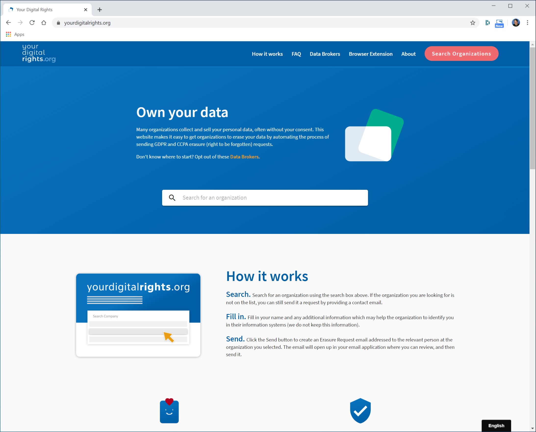 Скриншот сайта YourDigitalRights с формой отправки запроса на удаление
