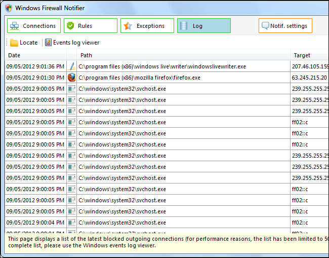 Вкладка Log: список заблокированных исходящих подключений и детали событий