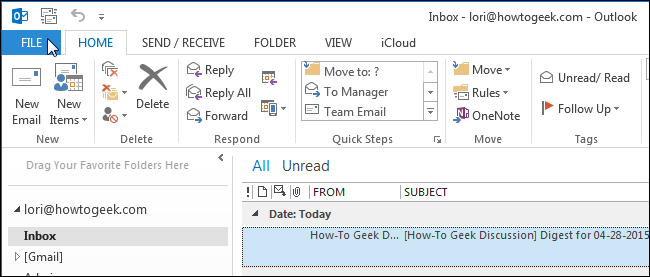 Открытие меню Параметры в Outlook