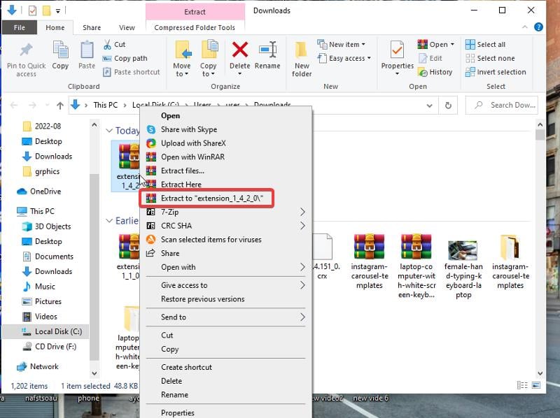 Распаковка ZIP с исходниками расширения