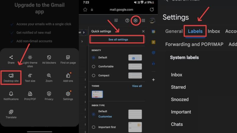 Открыть настройки Gmail в браузере на телефоне