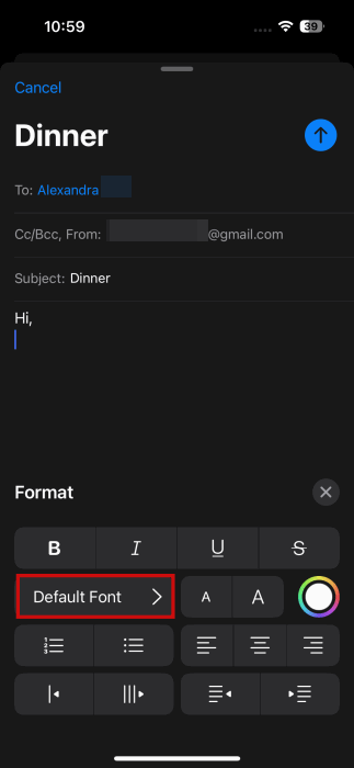 Нажатие на опцию Default Font в приложении Mail на iPhone