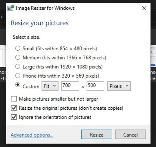Окно ImageResizer с параметрами качества и копирования