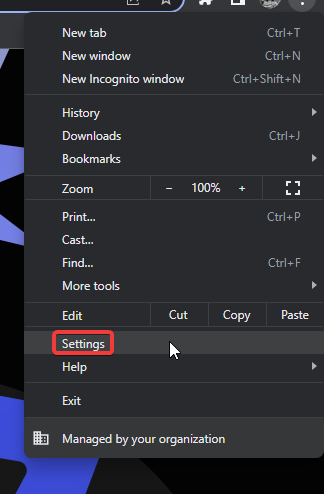 Меню Chrome: Настройки