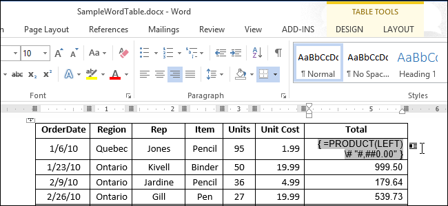 Суммировать строки и столбцы в Word 2013