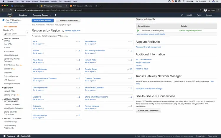 Панель VPC — список VPC в регионе Paris