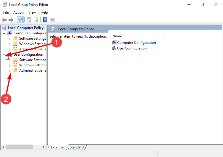 Раздел Конфигурация пользователя в редакторе групповой политики