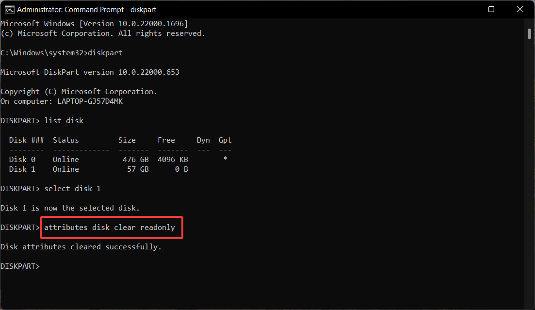 Команда attributes disk clear readonly