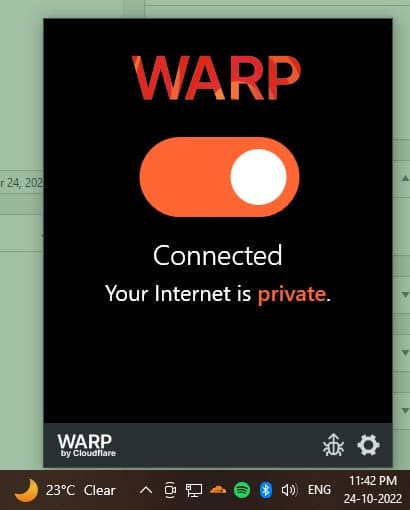 Cloudflare WARP 앱의 활성화 상태 스크린샷
